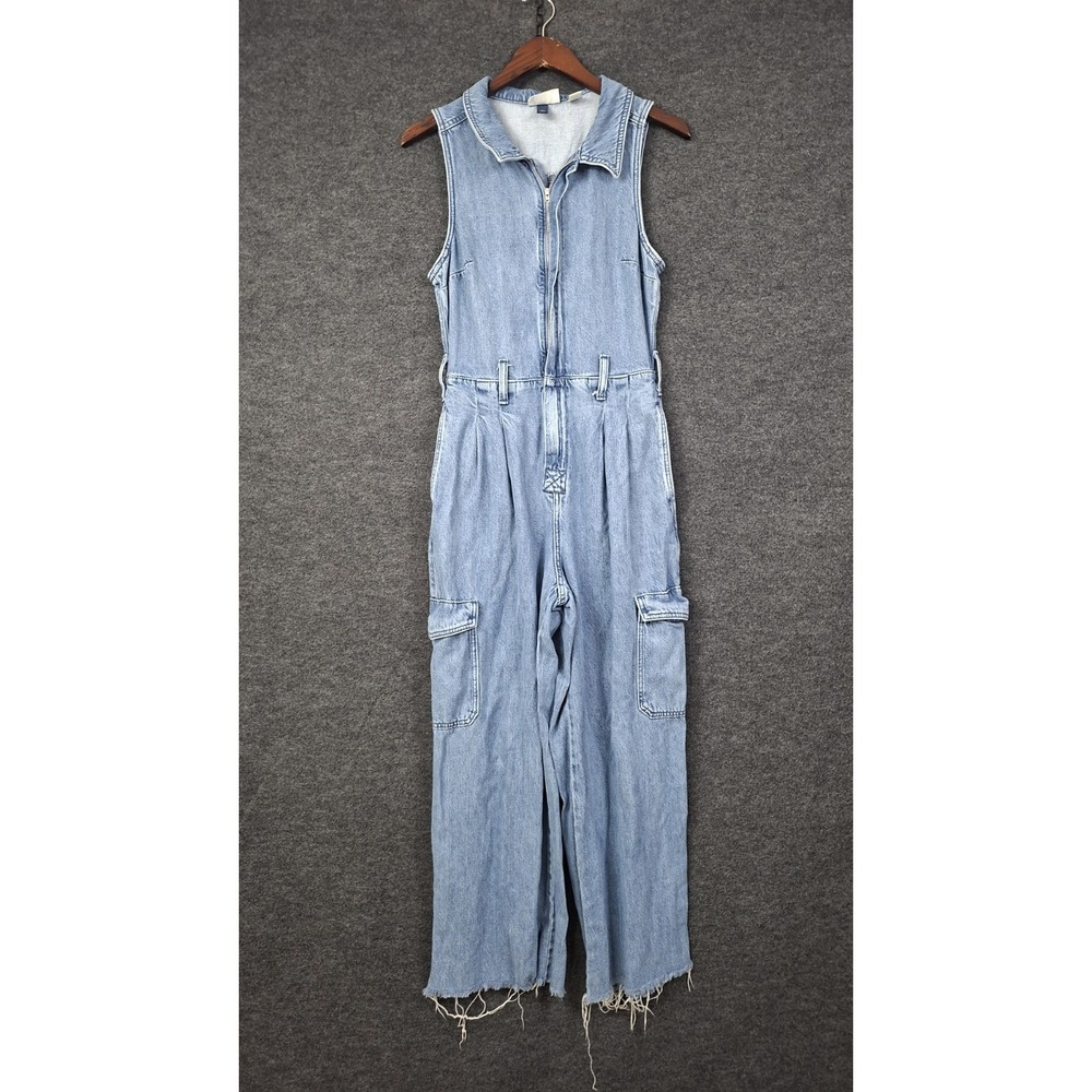 Ladies Denim Cargo Sleeveless Jumpsuit Raw Hem Belt Loops Size 4 Medium Wash Zip